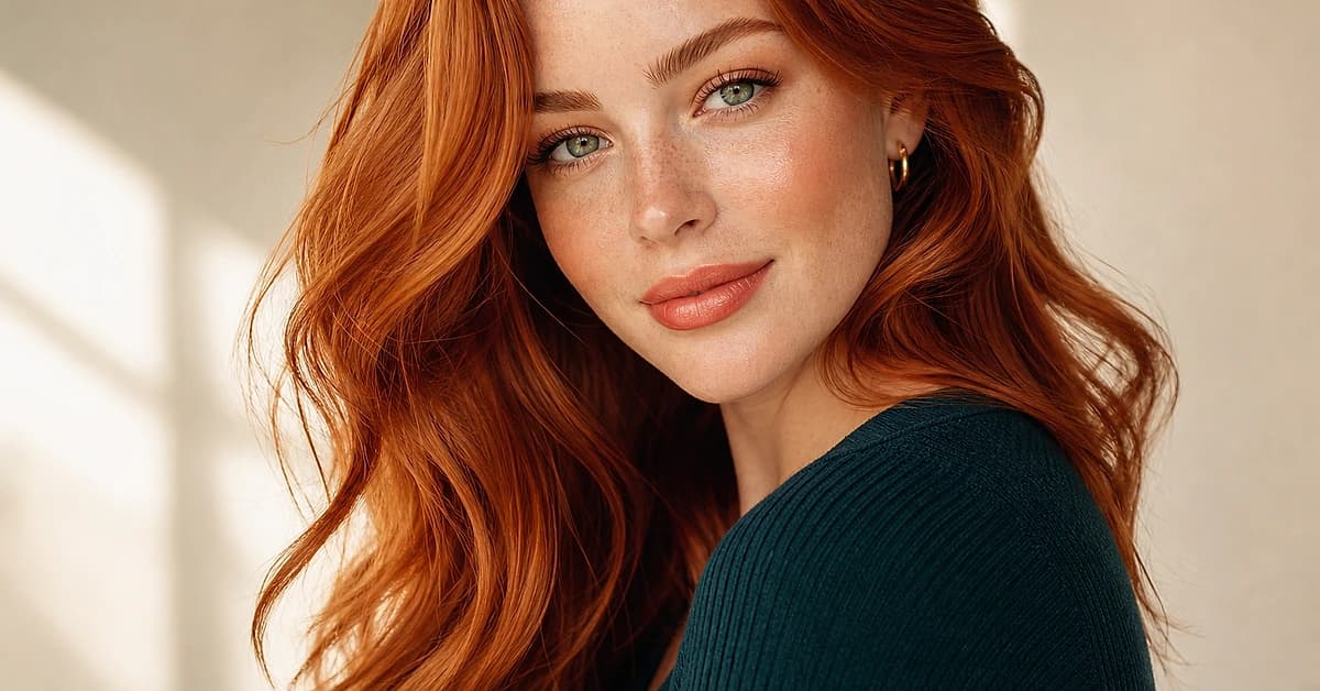 A woman with glossy copper hair and warm peachy skin wearing a teal top, glowing in soft daylight, who suits copper hair, by ToneLala
