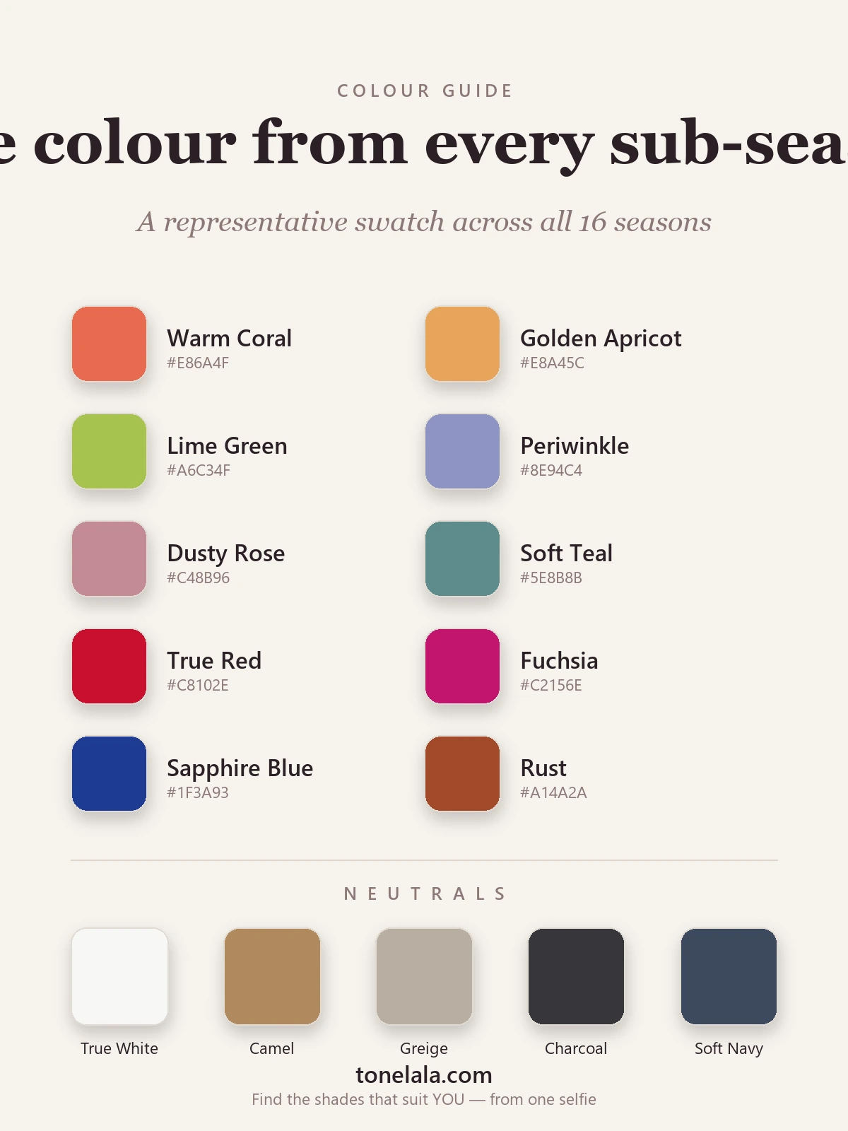 16-season colour analysis palette chart with hex codes — one signature colour from each sub-season spanning warm, cool, light, deep, soft and bright, with crisp and earthy neutrals, by ToneLala