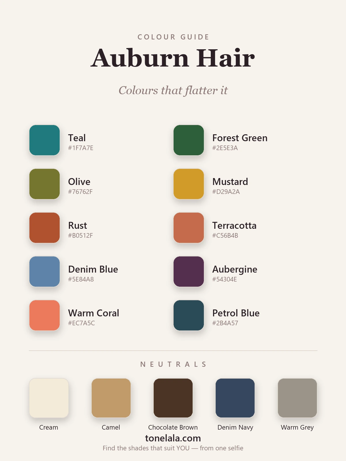 Colour palette of the best outfit colours for auburn hair with hex codes — teal, forest green, olive, mustard, rust, terracotta, denim blue, aubergine, warm coral and petrol blue, with cream, camel, chocolate brown, denim navy and warm grey neutrals, by ToneLala