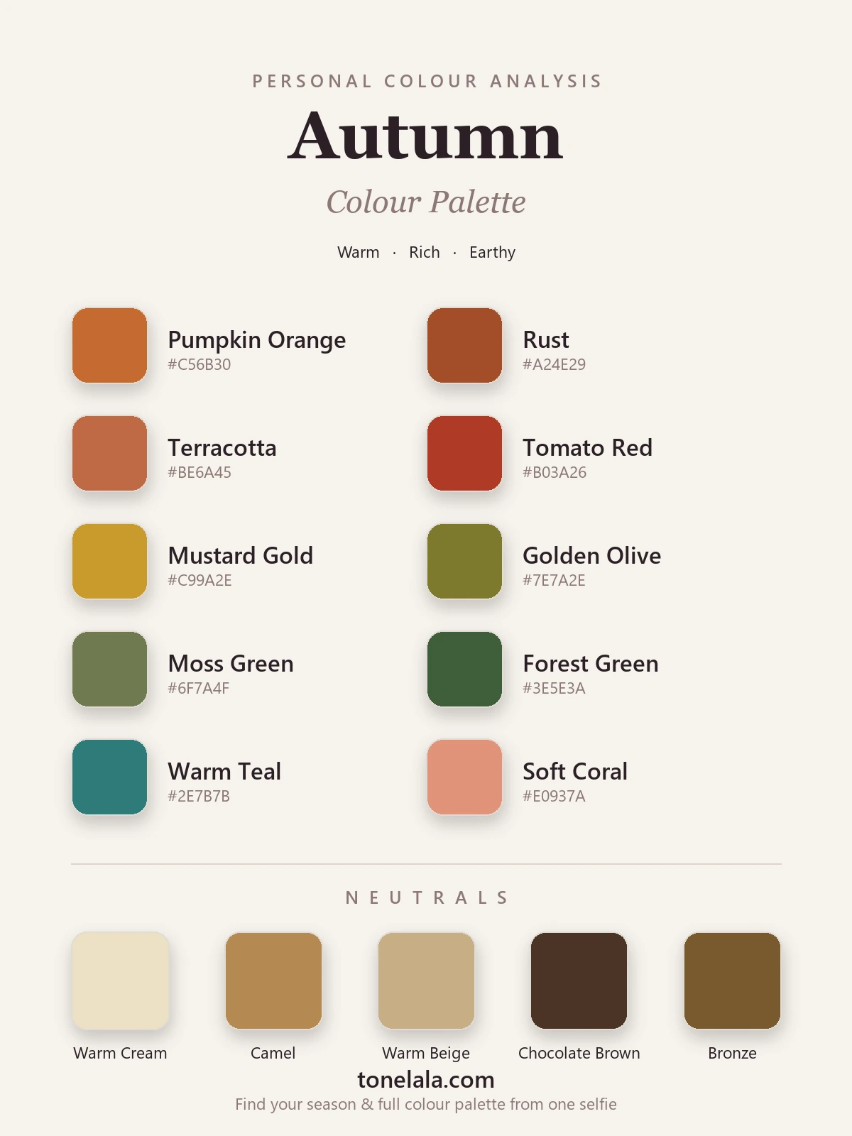 Autumn colour palette chart with hex codes — pumpkin, rust, terracotta, mustard gold, golden olive, forest green and warm teal, with cream, camel and chocolate-brown neutrals, by ToneLala