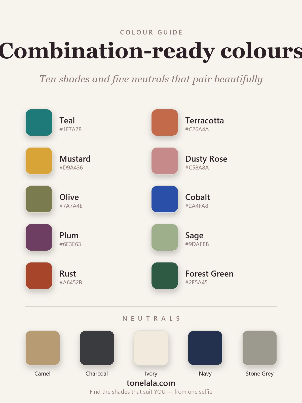 Swatch grid of ten outfit-friendly colours and five neutrals for building combinations, by ToneLala