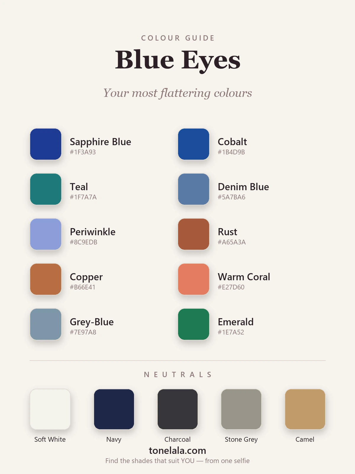 Colour palette for blue eyes with hex codes — sapphire, cobalt, teal, denim blue, periwinkle, rust, copper, warm coral, soft grey-blue and emerald, by ToneLala