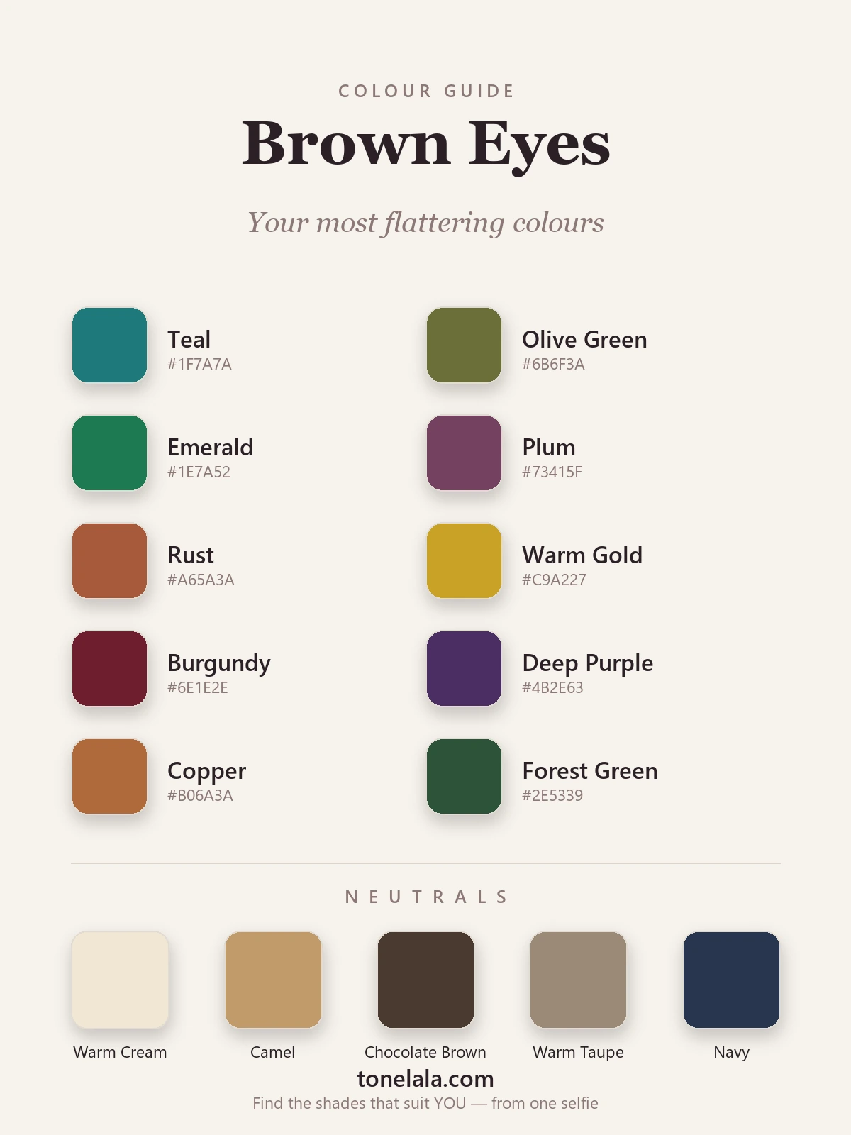 Colour palette for brown eyes with hex codes — teal, olive, emerald, plum, rust, warm gold, burgundy, deep purple, copper and forest green, by ToneLala