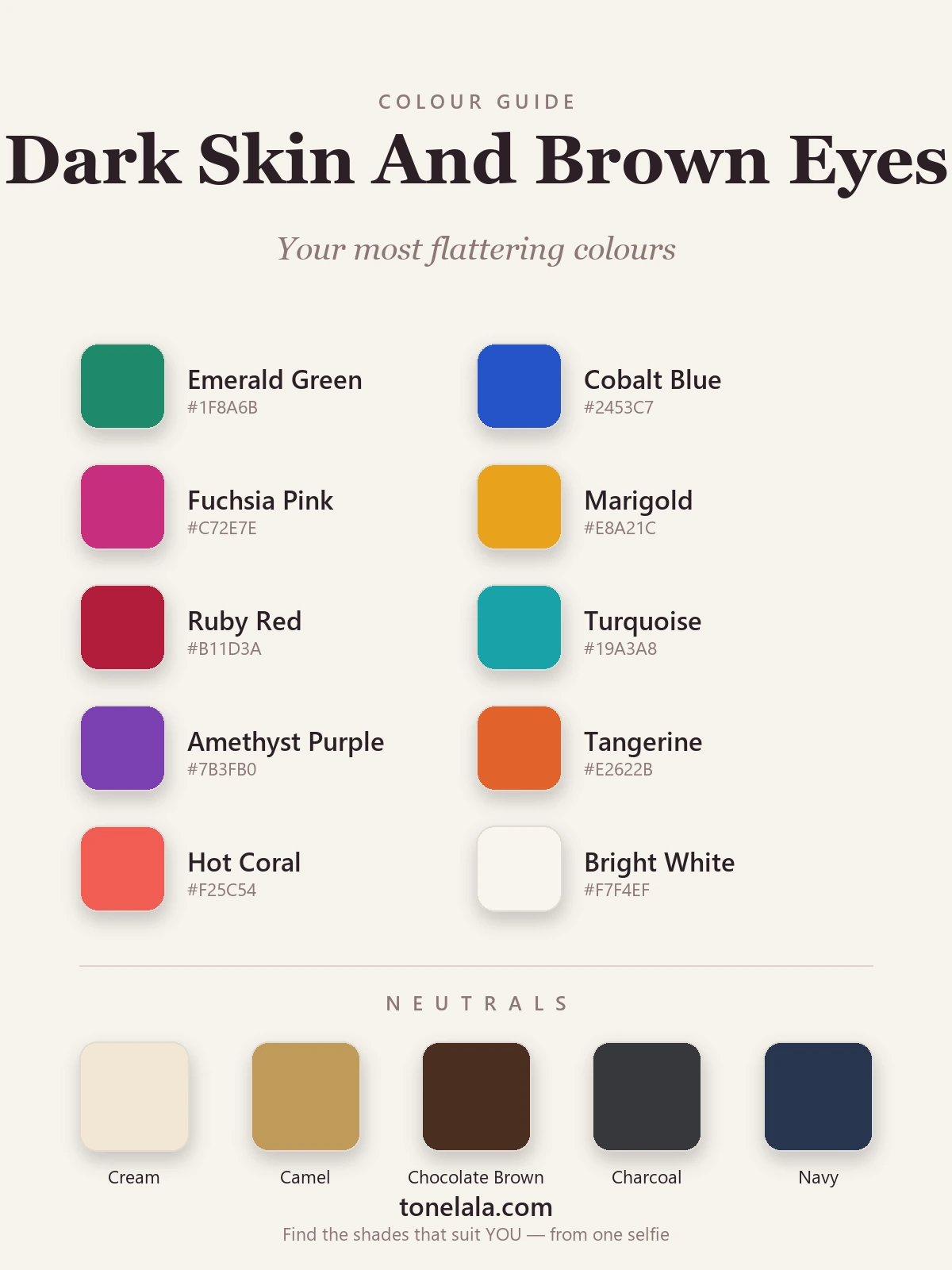 Colour palette of flattering shades for dark skin and brown eyes — emerald, cobalt, fuchsia, marigold, ruby, turquoise and amethyst, with cream and camel neutrals, by ToneLala