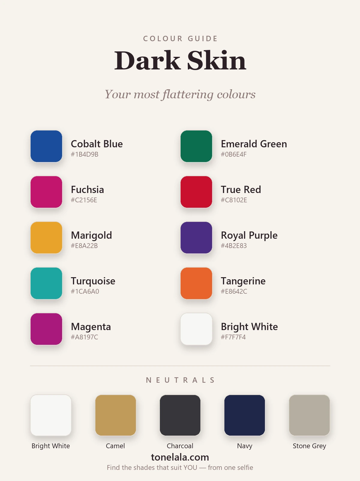 Colour palette of the best shades for dark skin with hex codes — cobalt blue, emerald, fuchsia, true red, marigold, royal purple and bright white, by ToneLala