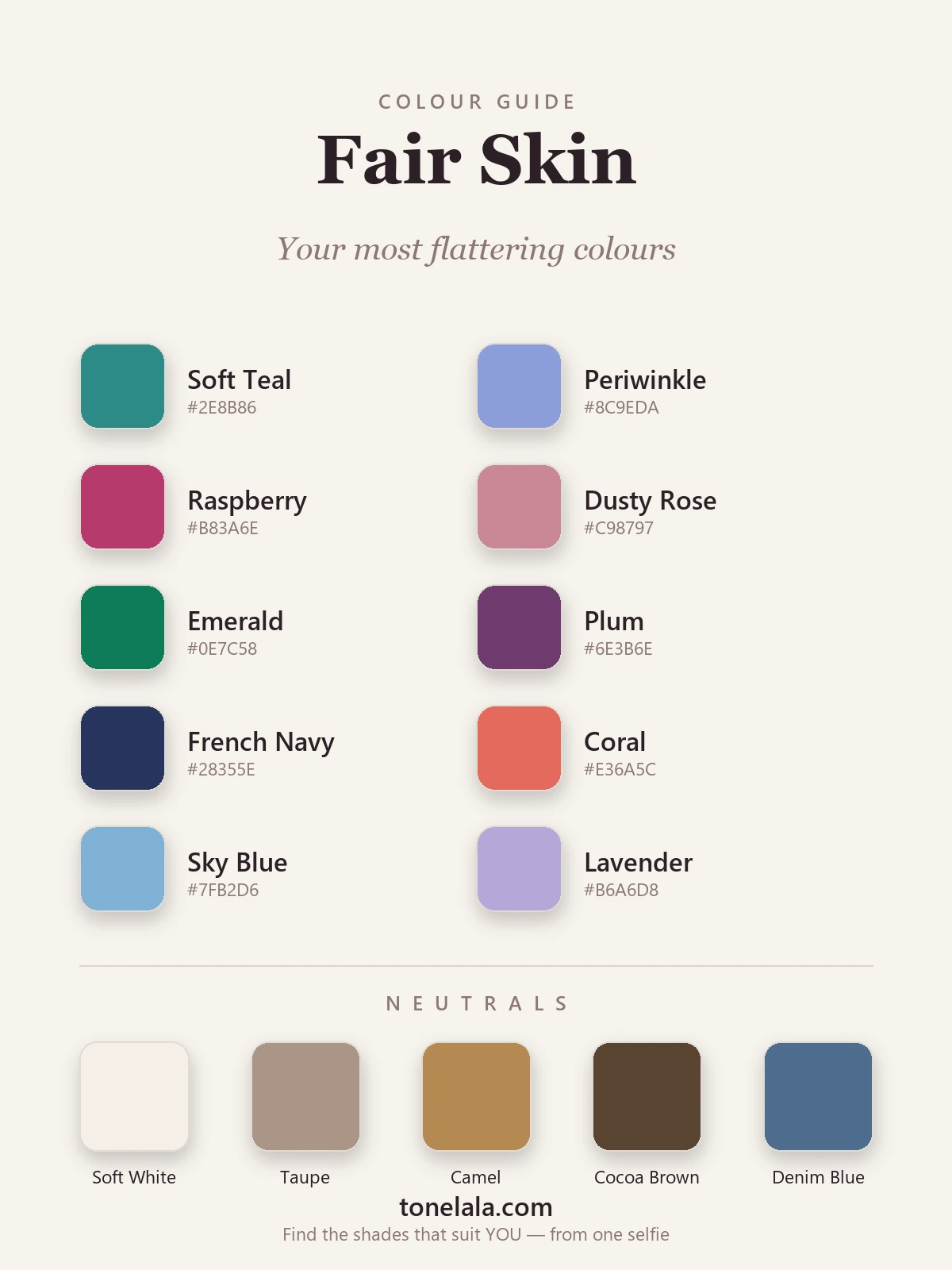 Colour palette of the best colours for fair skin — soft teal, periwinkle, raspberry, dusty rose, emerald, plum, navy and coral with hex codes, by ToneLala