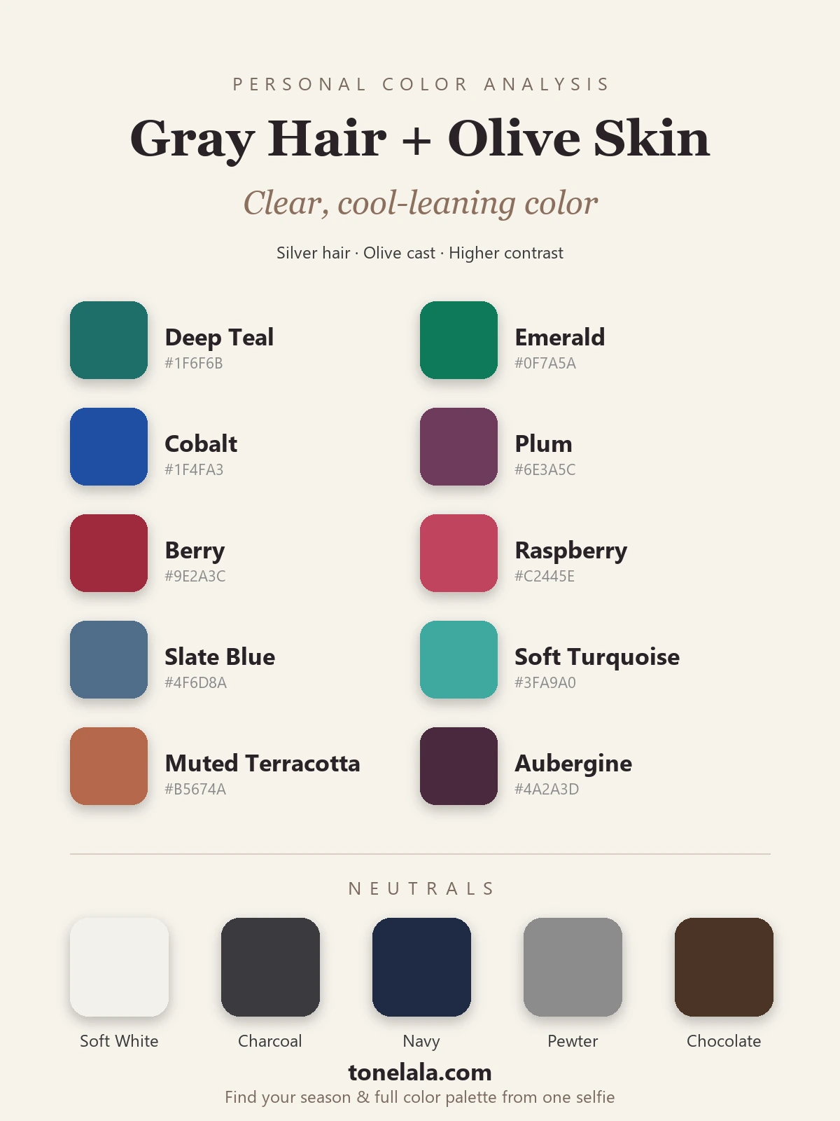 Color palette for gray hair and olive skin with hex codes, deep teal, emerald, cobalt, plum, berry, raspberry, slate blue, soft turquoise, muted terracotta and aubergine, with soft white, charcoal, navy, pewter and chocolate neutrals, by ToneLala