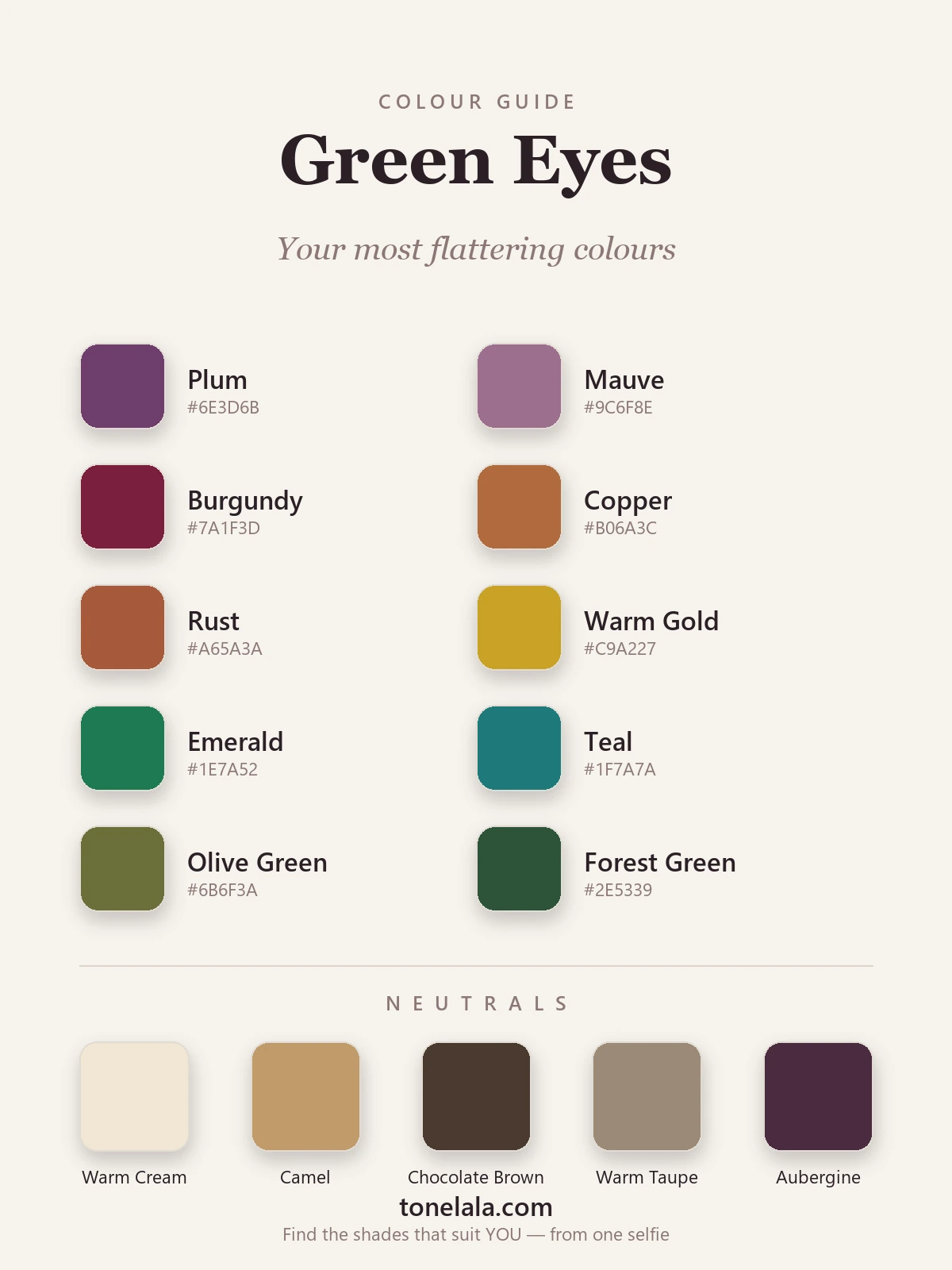 Colour palette for green eyes with hex codes — plum, mauve, burgundy, copper, rust, gold, emerald, teal, olive and forest green, by ToneLala