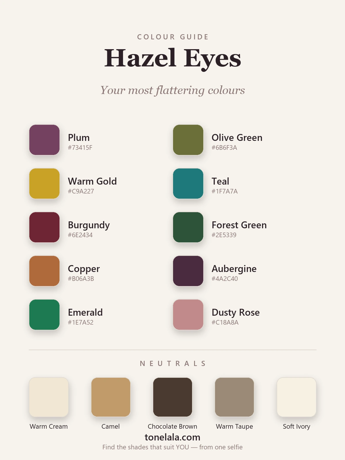 Colour palette for hazel eyes with hex codes — plum, olive, warm gold, teal, burgundy, forest green, copper, aubergine, emerald and dusty rose, by ToneLala