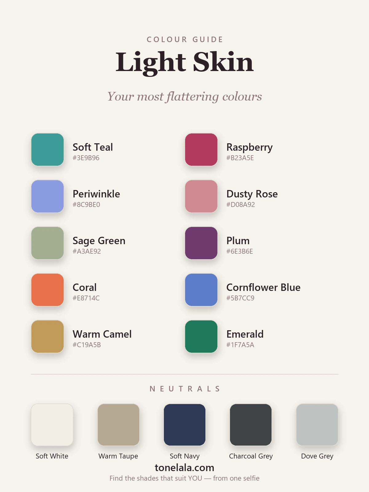 Colour palette of the best colours for light skin — soft teal, raspberry, periwinkle, dusty rose, sage green, plum, coral, cornflower blue, warm camel and emerald, by ToneLala