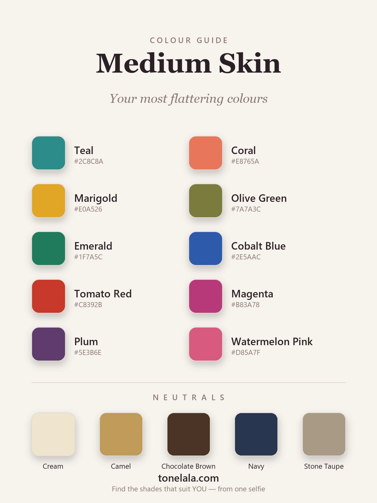 Colour palette of the best colours for medium skin — teal, coral, marigold, olive, emerald, cobalt, tomato red, magenta, plum and watermelon, with cream, camel and chocolate neutrals, by ToneLala
