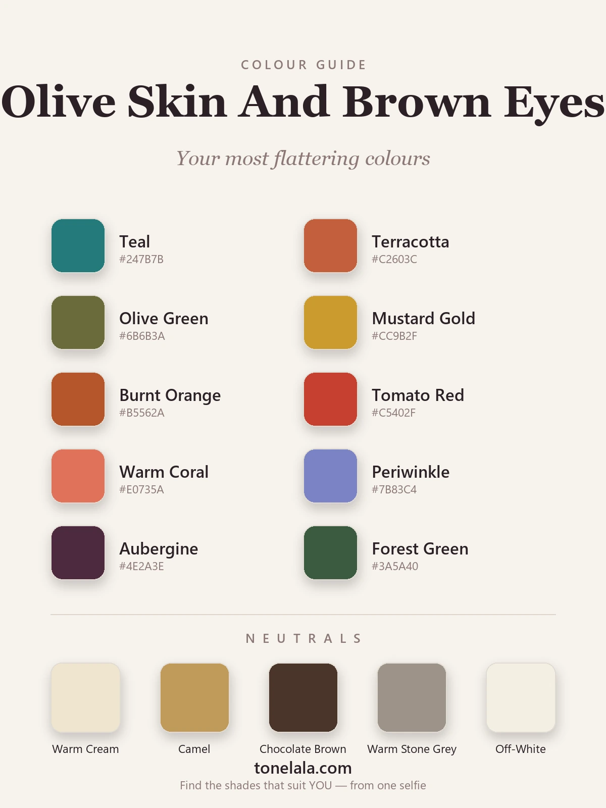 Colour palette of the best shades for olive skin and brown eyes — teal, terracotta, olive green, mustard, burnt orange, tomato red, warm coral, periwinkle, aubergine and forest green, by ToneLala