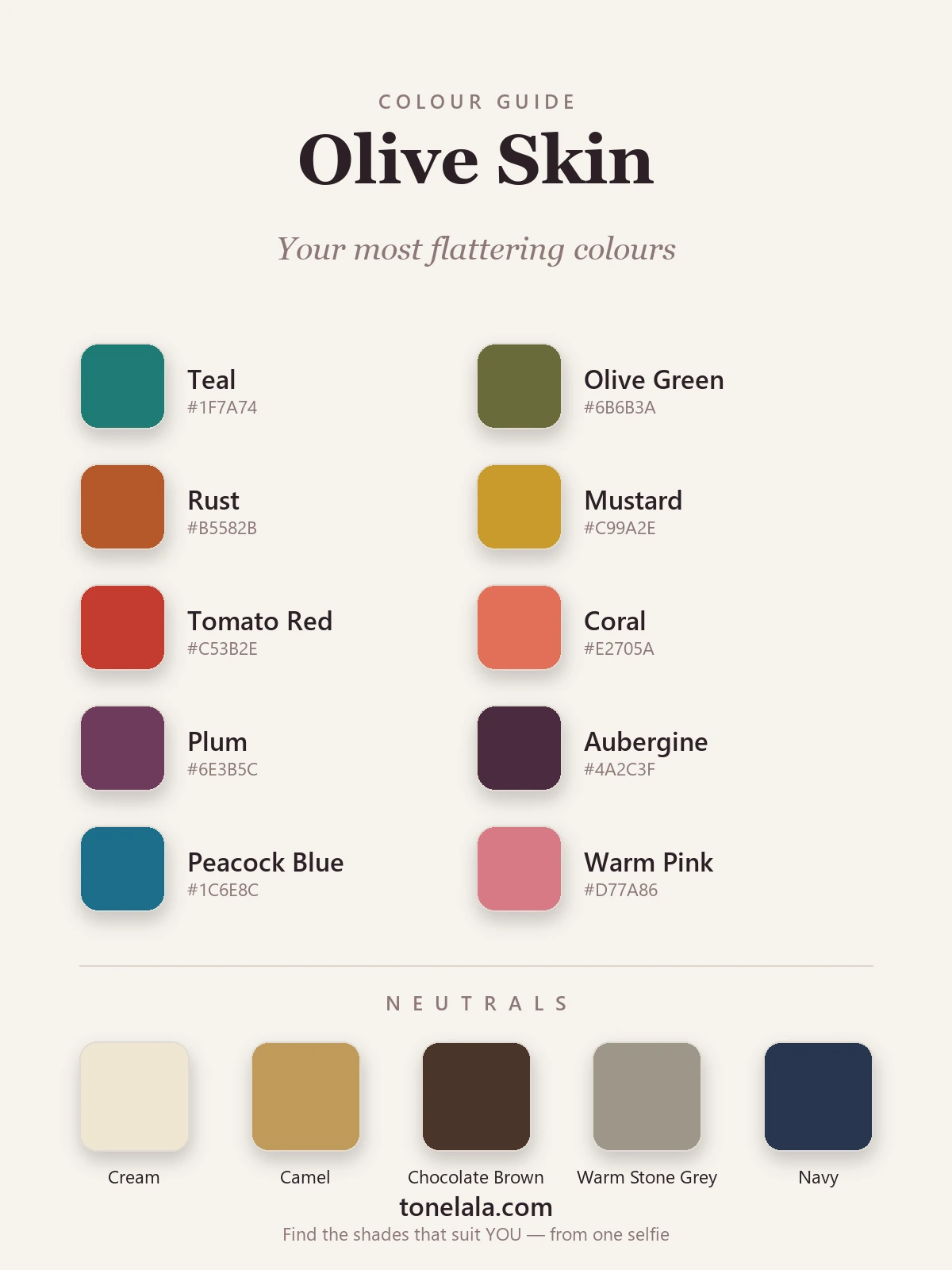 Colour palette of the best colours for olive skin — teal, olive green, rust, mustard, tomato red, coral, plum, aubergine, peacock blue and warm pink, by ToneLala