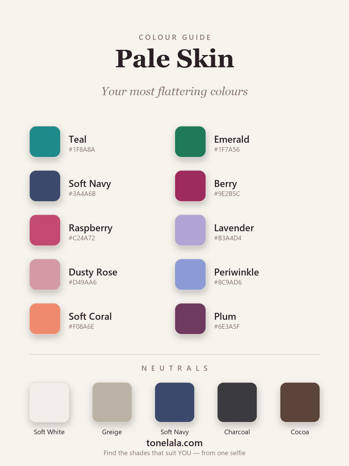 A colour palette of the best colours for pale skin — teal, emerald, soft navy, berry, raspberry, lavender, dusty rose, periwinkle, soft coral and plum with hex codes, by ToneLala
