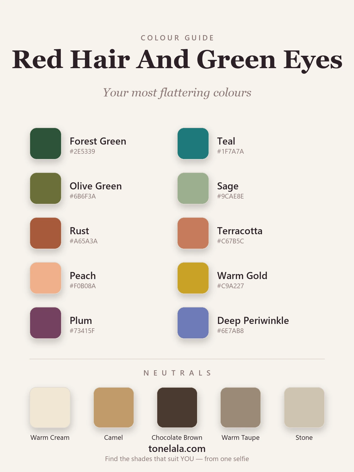 Colour palette for red hair and green eyes with hex codes — forest green, teal, olive, sage, rust, terracotta, peach, warm gold, plum and deep periwinkle, by ToneLala