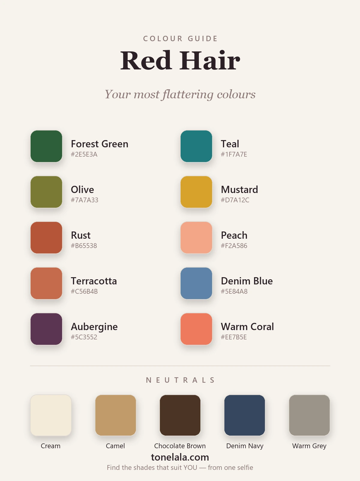 Colour palette for red hair with hex codes — forest green, teal, olive, mustard, rust, peach, terracotta, denim blue, aubergine and warm coral, with cream, camel, chocolate brown, denim navy and warm grey neutrals, by ToneLala