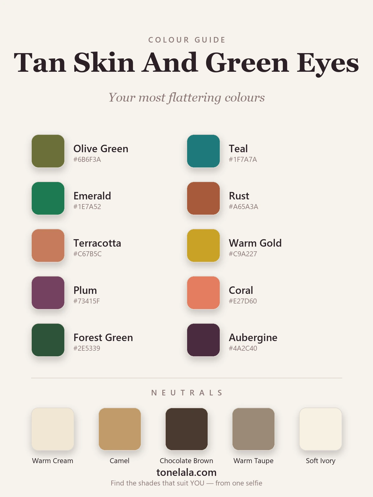 Colour palette for tan skin and green eyes with hex codes — olive, teal, emerald, rust, terracotta, gold, plum, coral, forest green and aubergine, by ToneLala