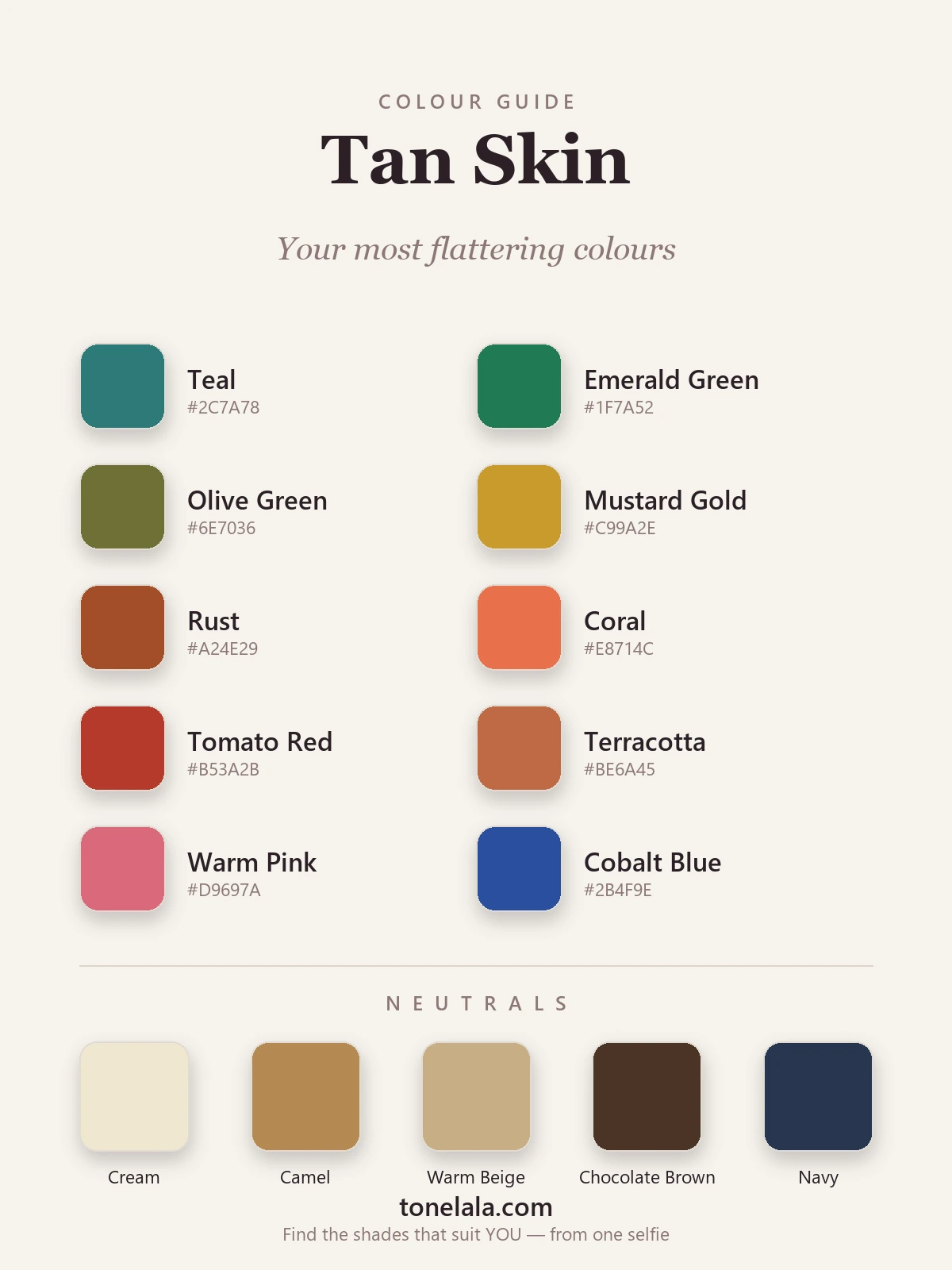 Colour palette of the best colours for tan skin — teal, emerald, olive, mustard, rust, coral, tomato red, terracotta, warm pink and cobalt, with cream, camel and chocolate neutrals, by ToneLala