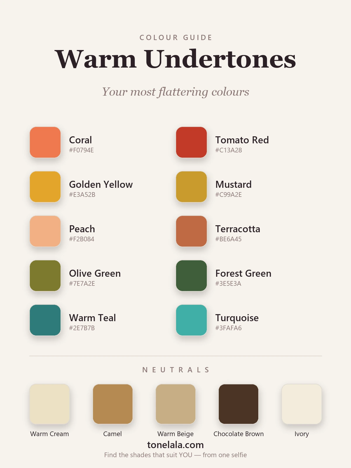 Colour palette of the best shades for warm undertones — coral, tomato red, golden yellow, mustard, peach, olive, warm teal, terracotta, forest green and turquoise, with warm cream and camel neutrals, by ToneLala