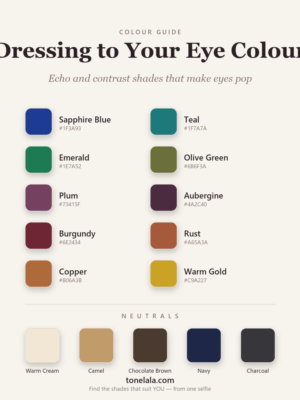 Colour palette for dressing to your eye colour with hex codes — sapphire, teal, emerald, olive, plum, aubergine, burgundy, rust, copper and warm gold, by ToneLala