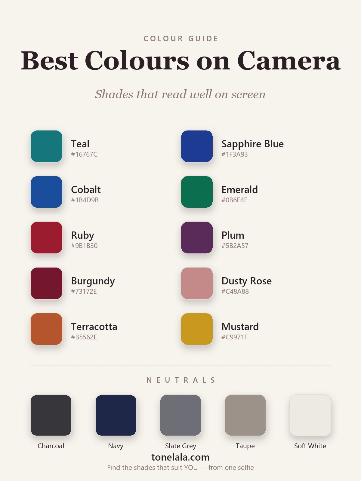 Colour palette of the best colours to wear on camera with hex codes — teal, sapphire, cobalt, emerald, ruby, plum, burgundy, dusty rose, terracotta and mustard, plus charcoal, navy, slate grey, taupe and soft white neutrals, by ToneLala