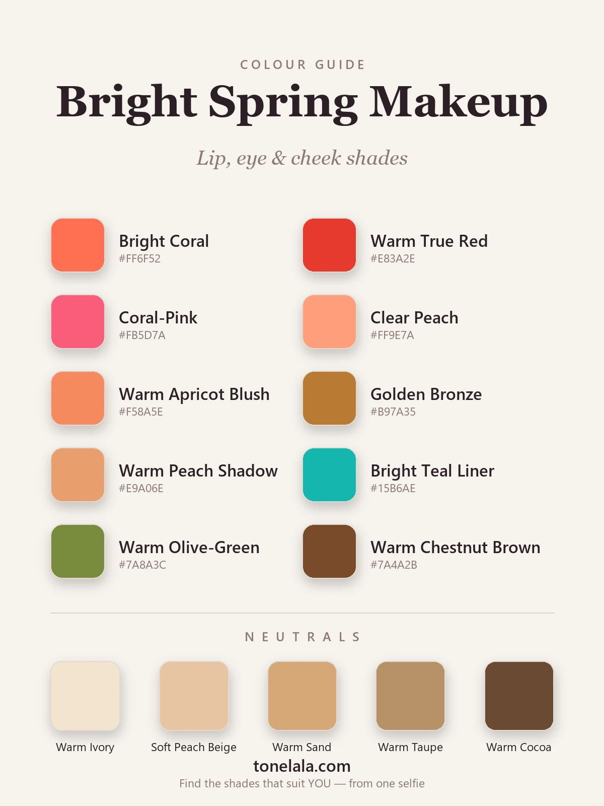 Bright Spring makeup shades with hex codes — bright coral, warm red, peachy blush, golden bronze and warm teal, by ToneLala