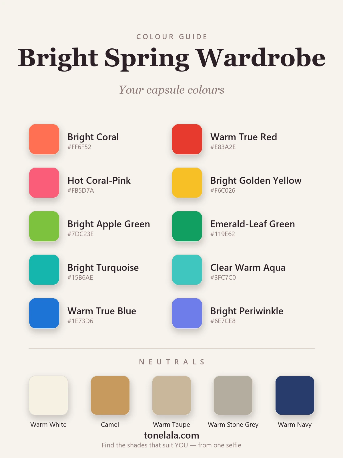 Bright Spring wardrobe colours with hex codes — bright coral, warm true red, bright turquoise, emerald-leaf green and golden yellow, with warm white and camel neutrals, by ToneLala