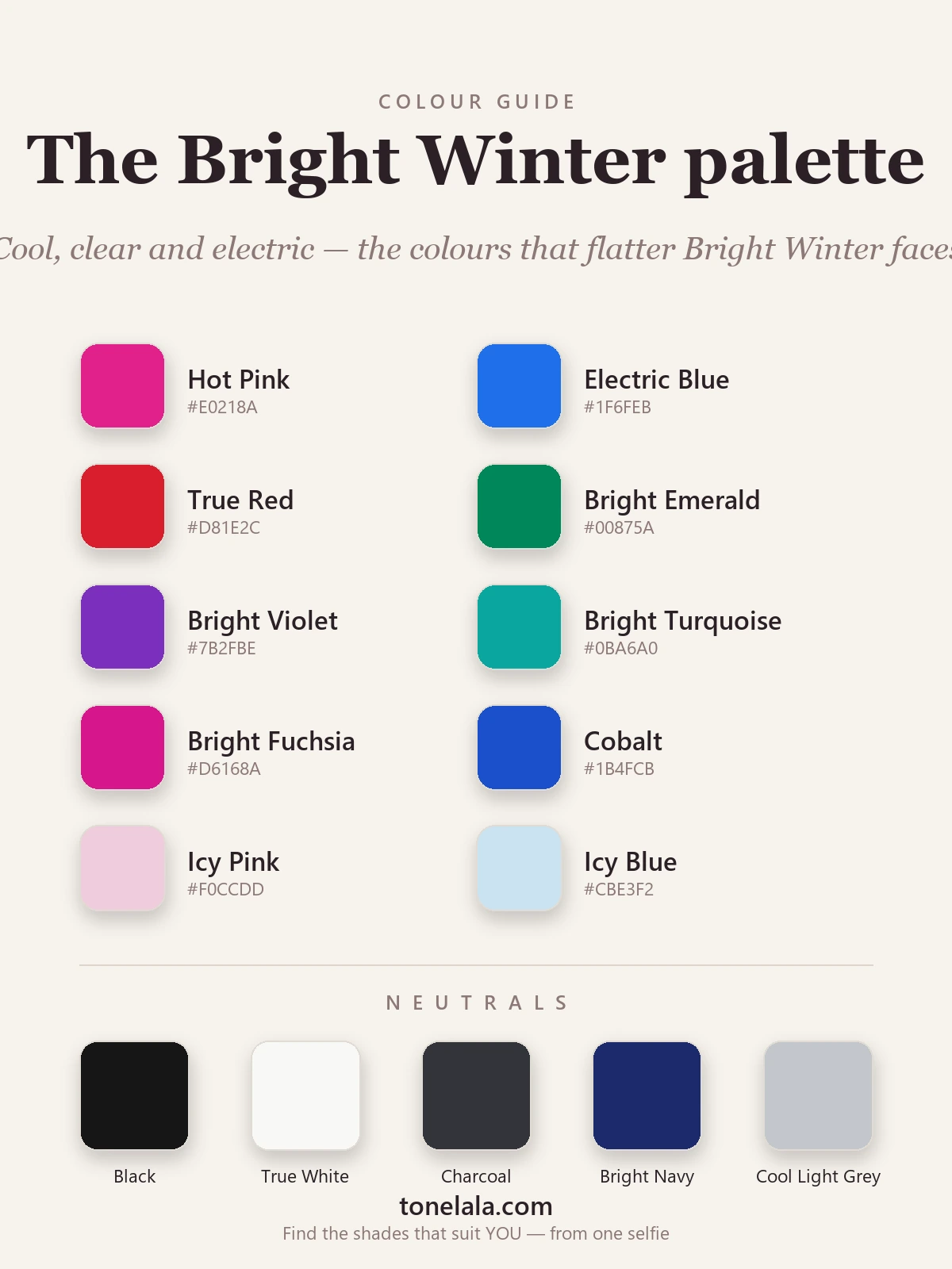 Bright Winter colour swatch of hot pink, electric blue, true red, bright emerald and icy pastels with black and true white neutrals, by ToneLala