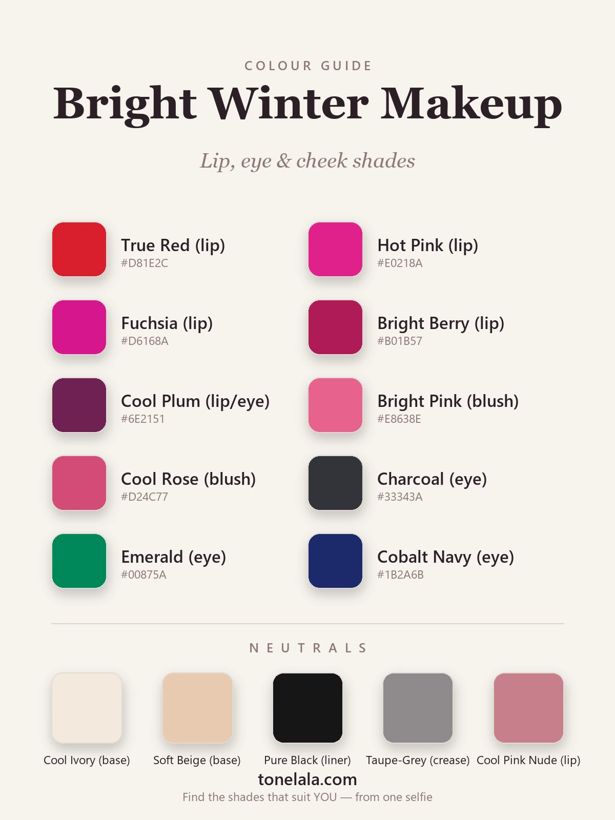 Bright Winter makeup shade chart with hex codes — true red, hot pink, fuchsia and cool plum lips and cheeks, charcoal, emerald and navy eyeshadow, by ToneLala