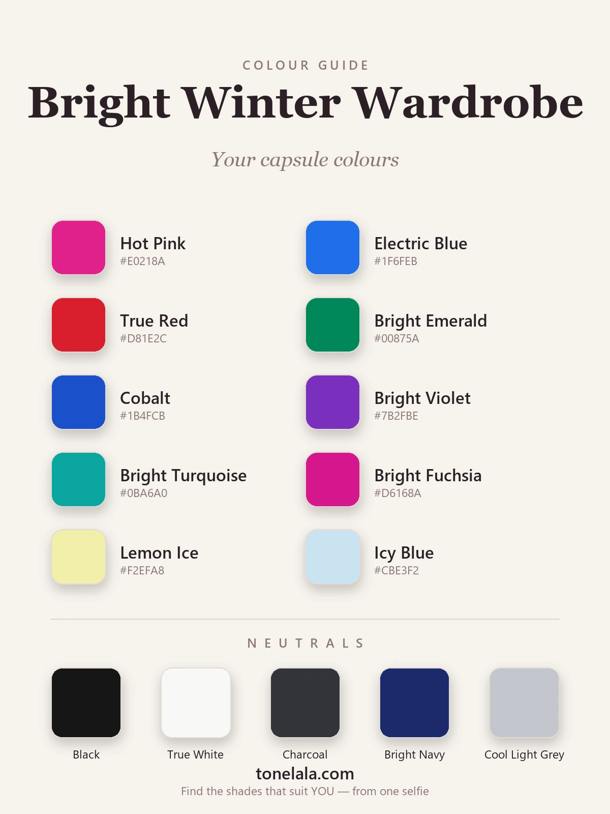 Bright Winter wardrobe colours with hex codes — hot pink, electric blue, true red, bright emerald and cobalt, with black and true-white neutrals, by ToneLala