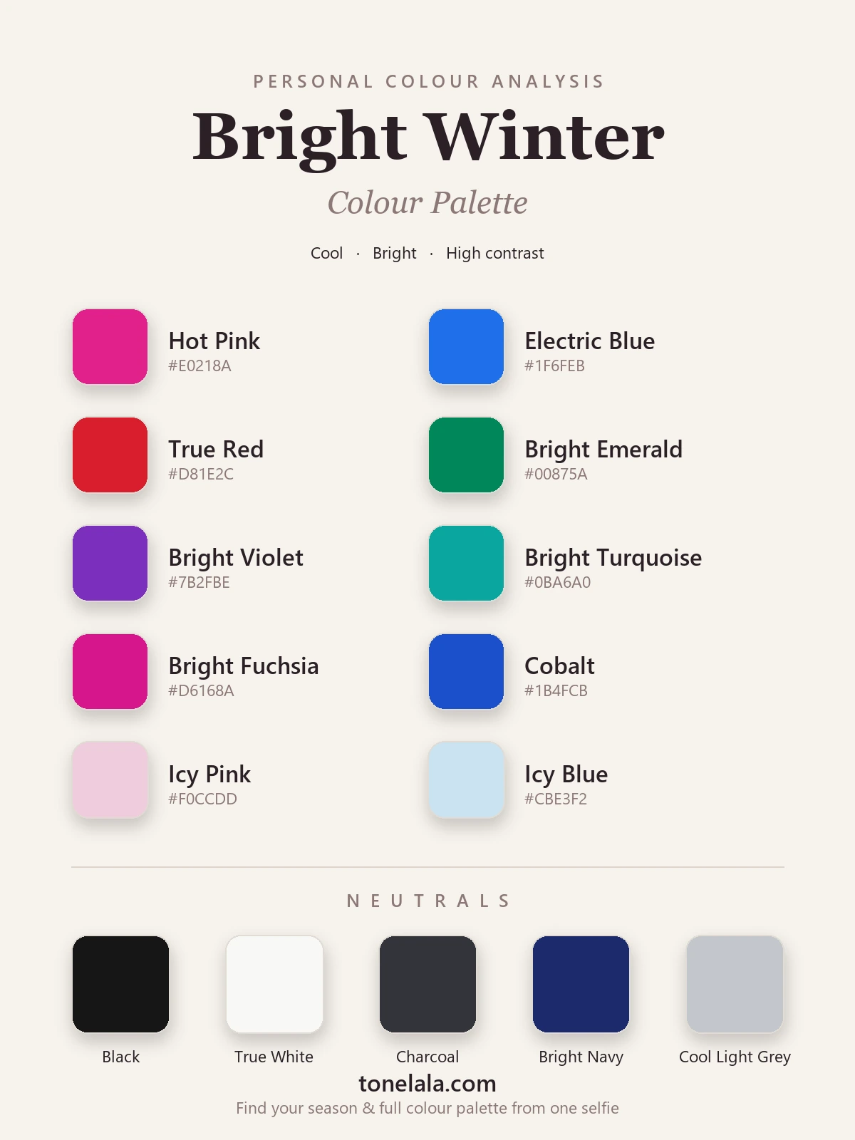 Bright Winter colour palette chart with hex codes — hot pink, electric blue, bright emerald, true red and icy pastels, with black, true white and charcoal neutrals, by ToneLala