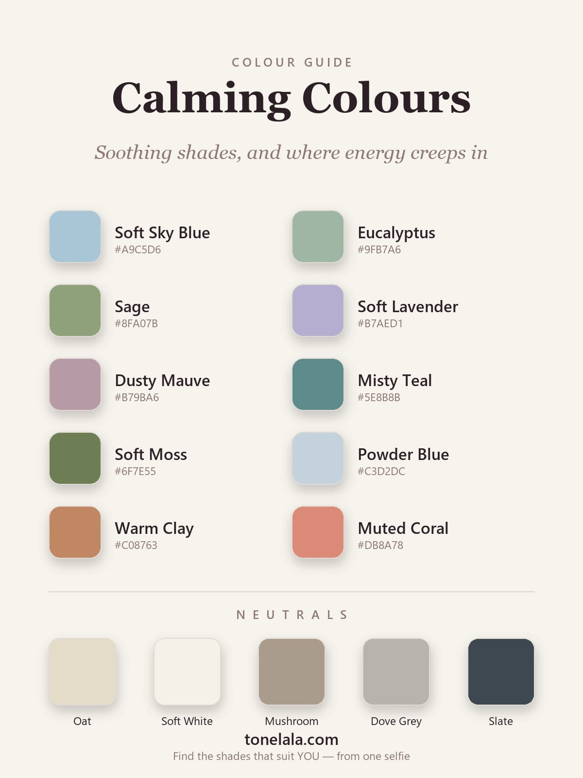 A calming colour palette with hex codes — soft sky blue, eucalyptus, sage, soft lavender, dusty mauve, misty teal, soft moss, powder blue, warm clay and muted coral — plus oat, soft white, mushroom, dove grey and slate neutrals, by ToneLala