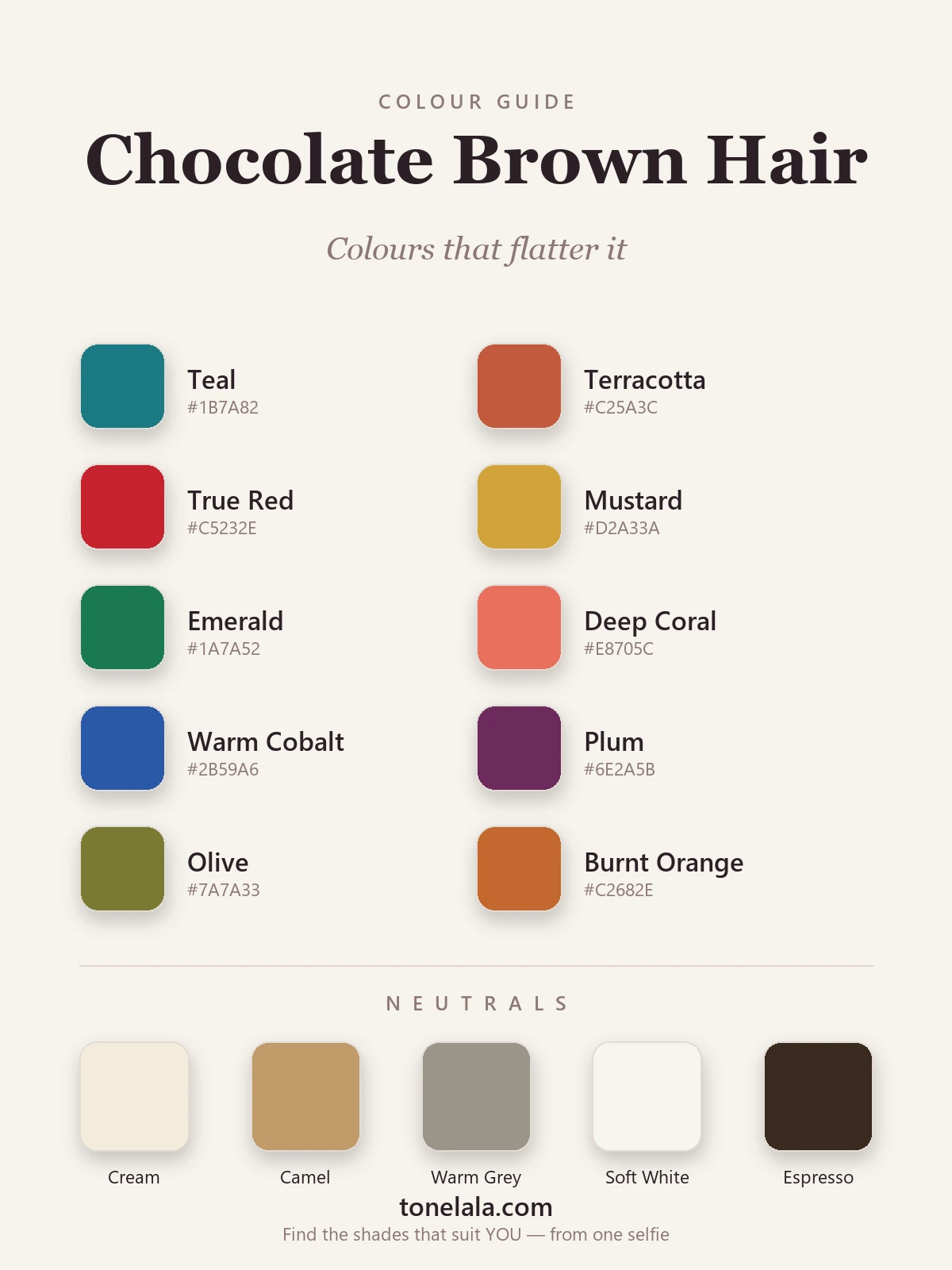 Colour palette of the best outfit colours for chocolate brown hair with hex codes — teal, terracotta, true red, mustard, emerald, deep coral, warm cobalt, plum, olive and burnt orange, plus cream, camel, warm grey, soft white and espresso neutrals, by ToneLala