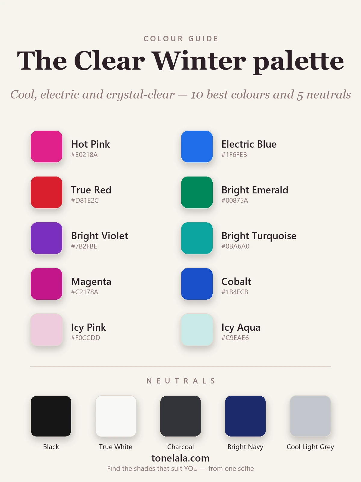Clear Winter colour palette chart with hex codes — hot pink, electric blue, true red, bright emerald and icy pastels, with black, true white and charcoal neutrals, by ToneLala