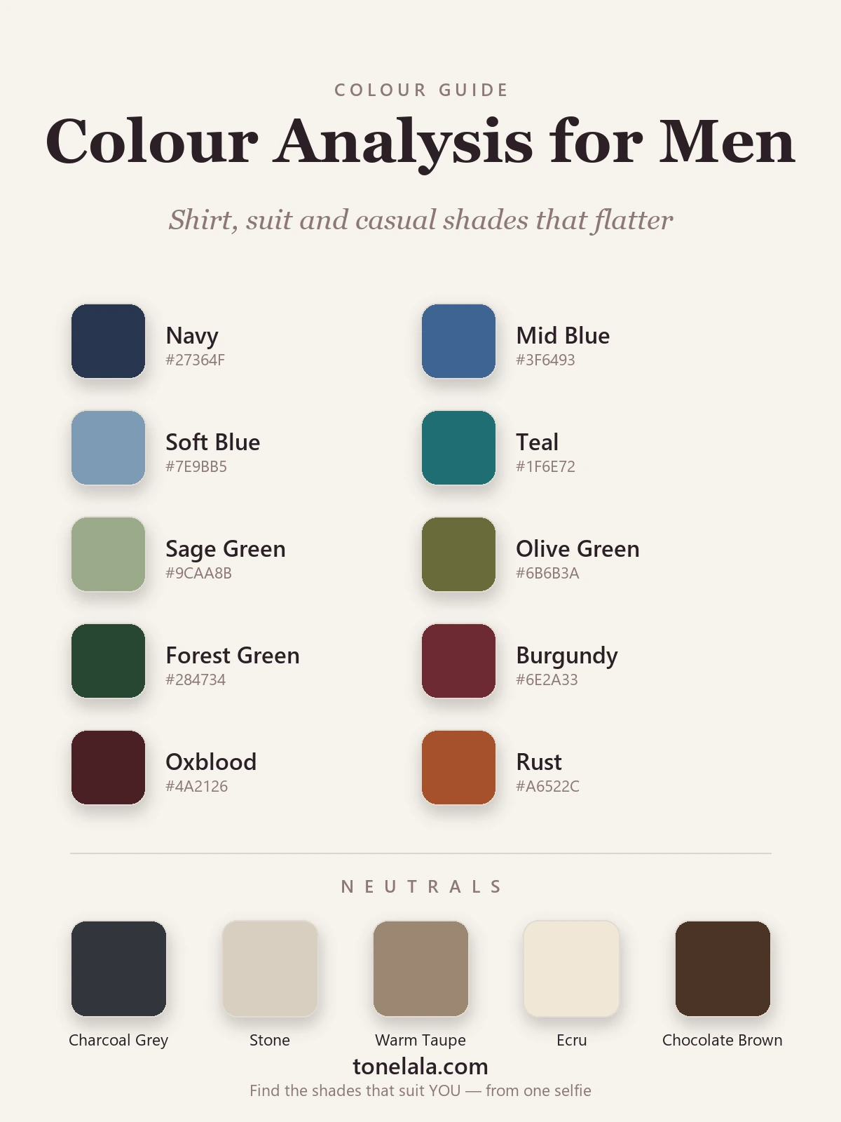 A men's colour palette with hex codes — navy, teal, olive, sage, soft blue, burgundy, rust, forest green, mid blue and oxblood, plus charcoal, stone, taupe, ecru and chocolate-brown neutrals, by ToneLala
