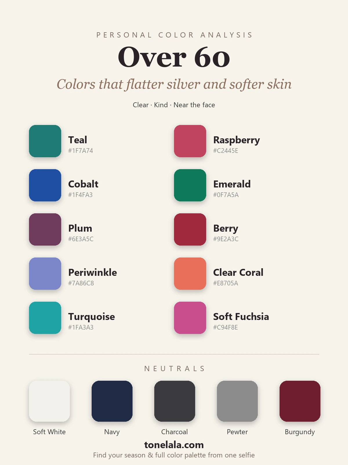 Color palette for color analysis over 60 with hex codes, teal, raspberry, cobalt, emerald, plum, berry, periwinkle, clear coral, turquoise and soft fuchsia, with soft white, navy, charcoal, pewter and burgundy neutrals, by ToneLala