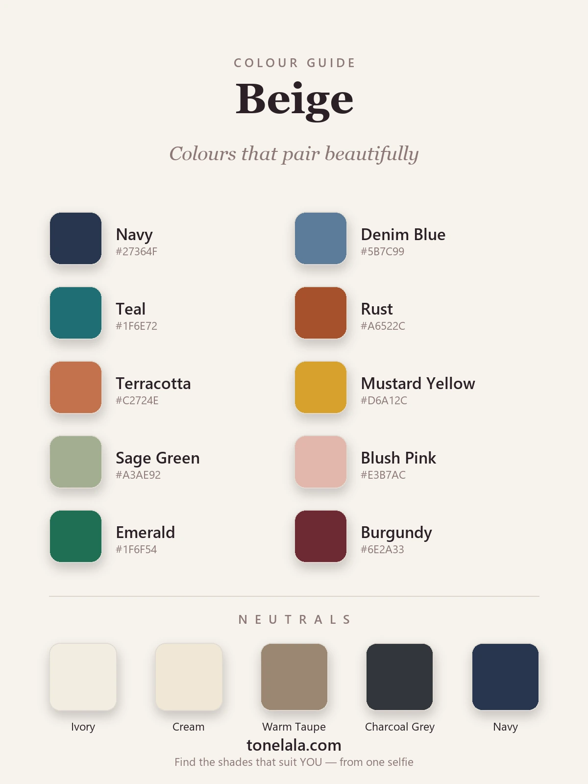 Colour palette of shades that go with beige — navy, denim blue, teal, rust, terracotta, mustard, sage green, blush pink, emerald and burgundy, with ivory and taupe neutrals, by ToneLala