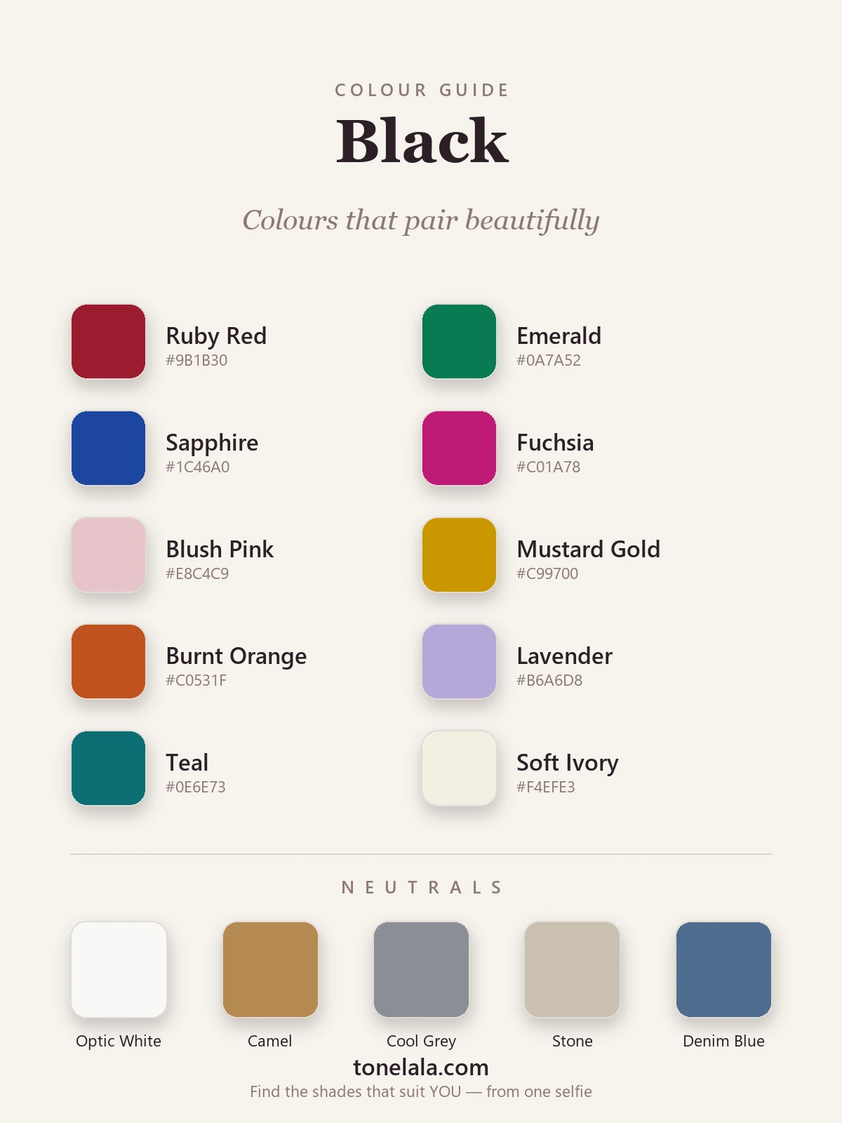 Colour palette of shades that pair with black — ruby red, emerald, sapphire, fuchsia, blush, gold, camel and ivory with hex codes, by ToneLala