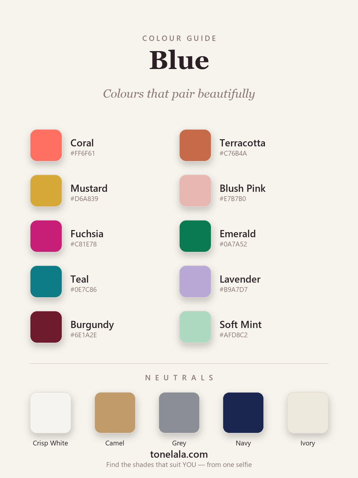 A colour palette of shades that pair with blue — coral, terracotta, mustard, blush, fuchsia, emerald, teal, lavender and camel, with hex codes, by ToneLala