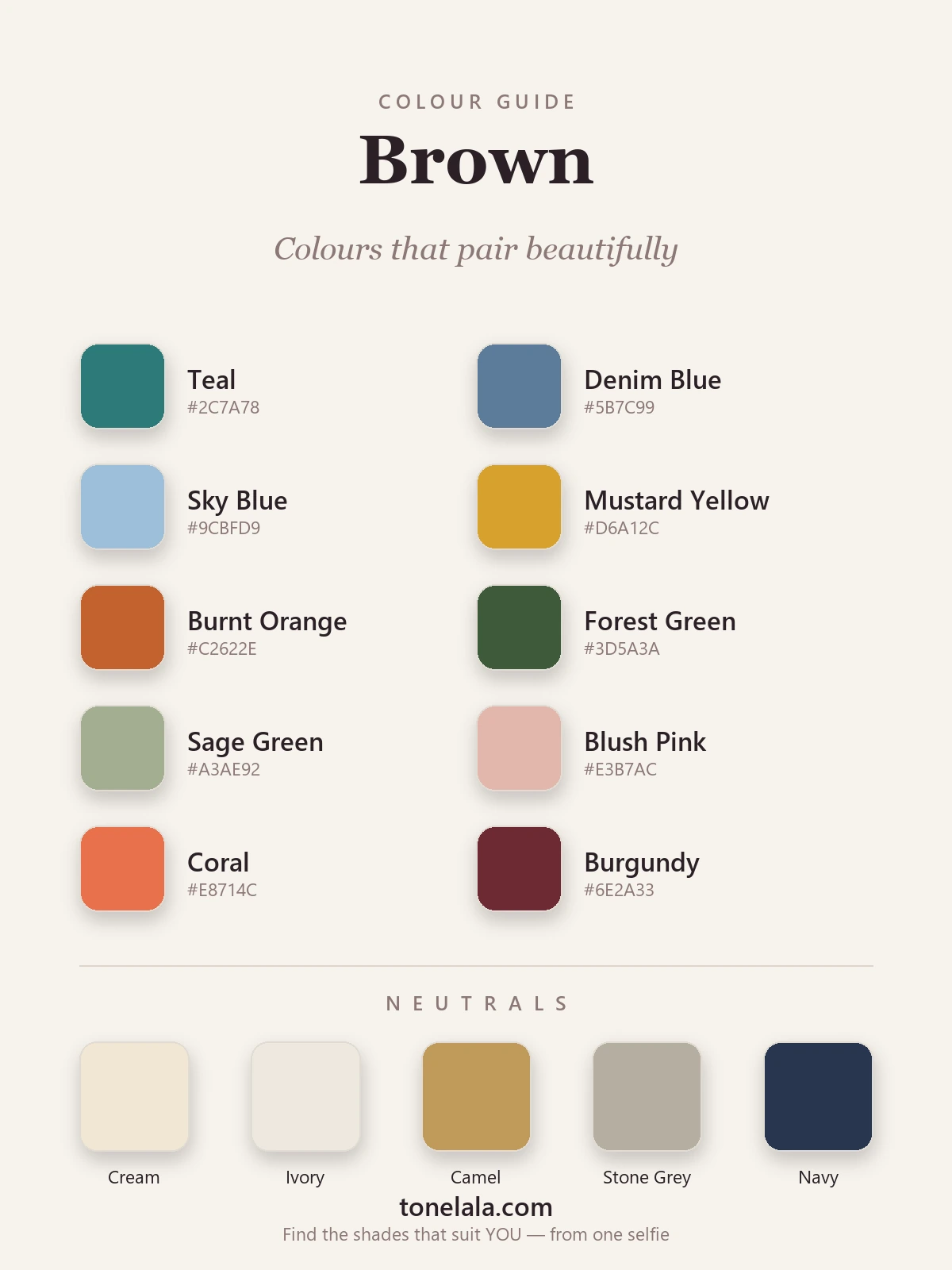 Colour palette of shades that go with brown — teal, denim blue, mustard, burnt orange, forest green, blush pink and burgundy, with cream and camel neutrals, by ToneLala