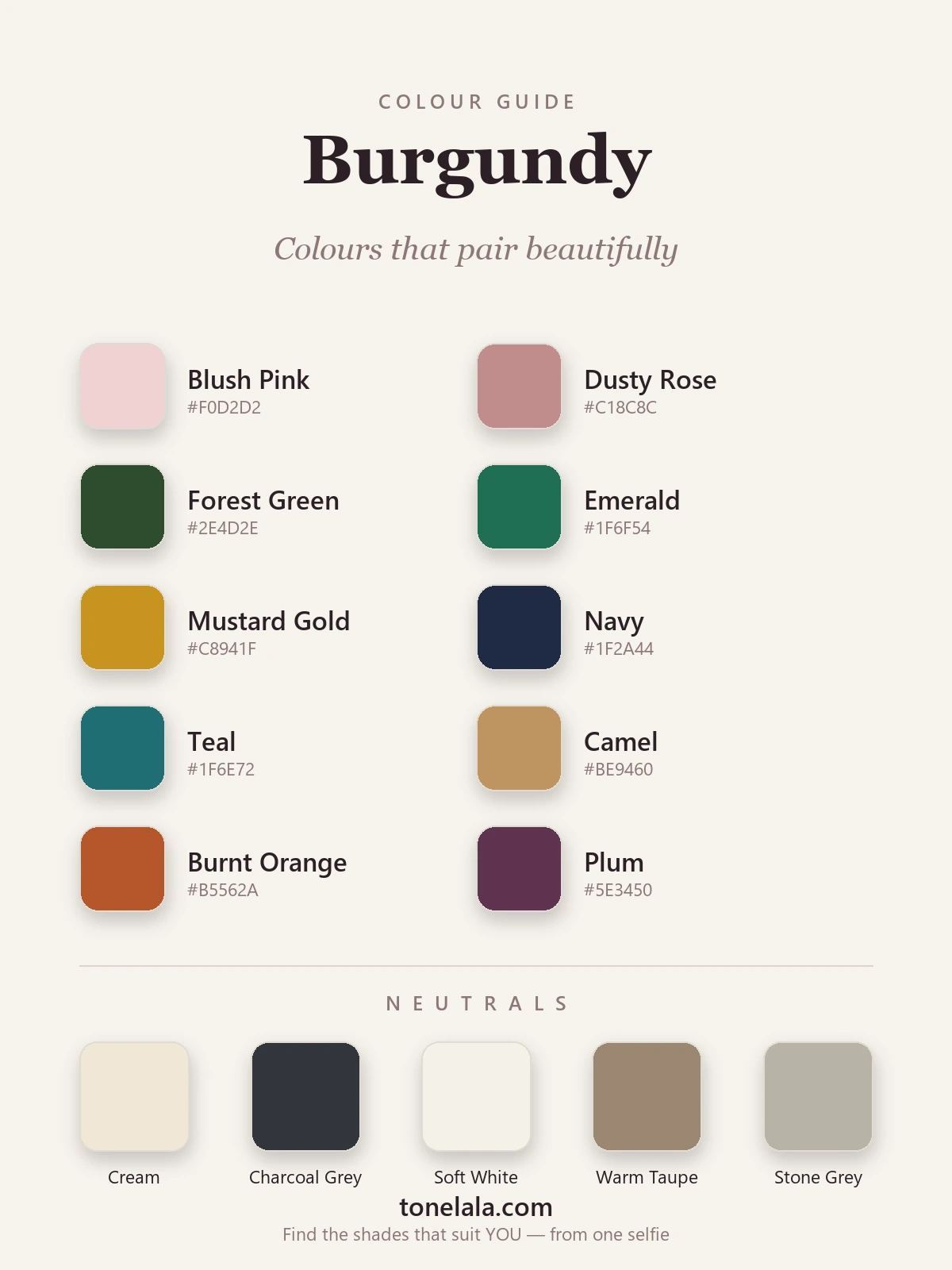 Colour palette of shades that pair with burgundy — blush pink, dusty rose, forest green, emerald, mustard, navy, teal, camel, burnt orange and plum, by ToneLala