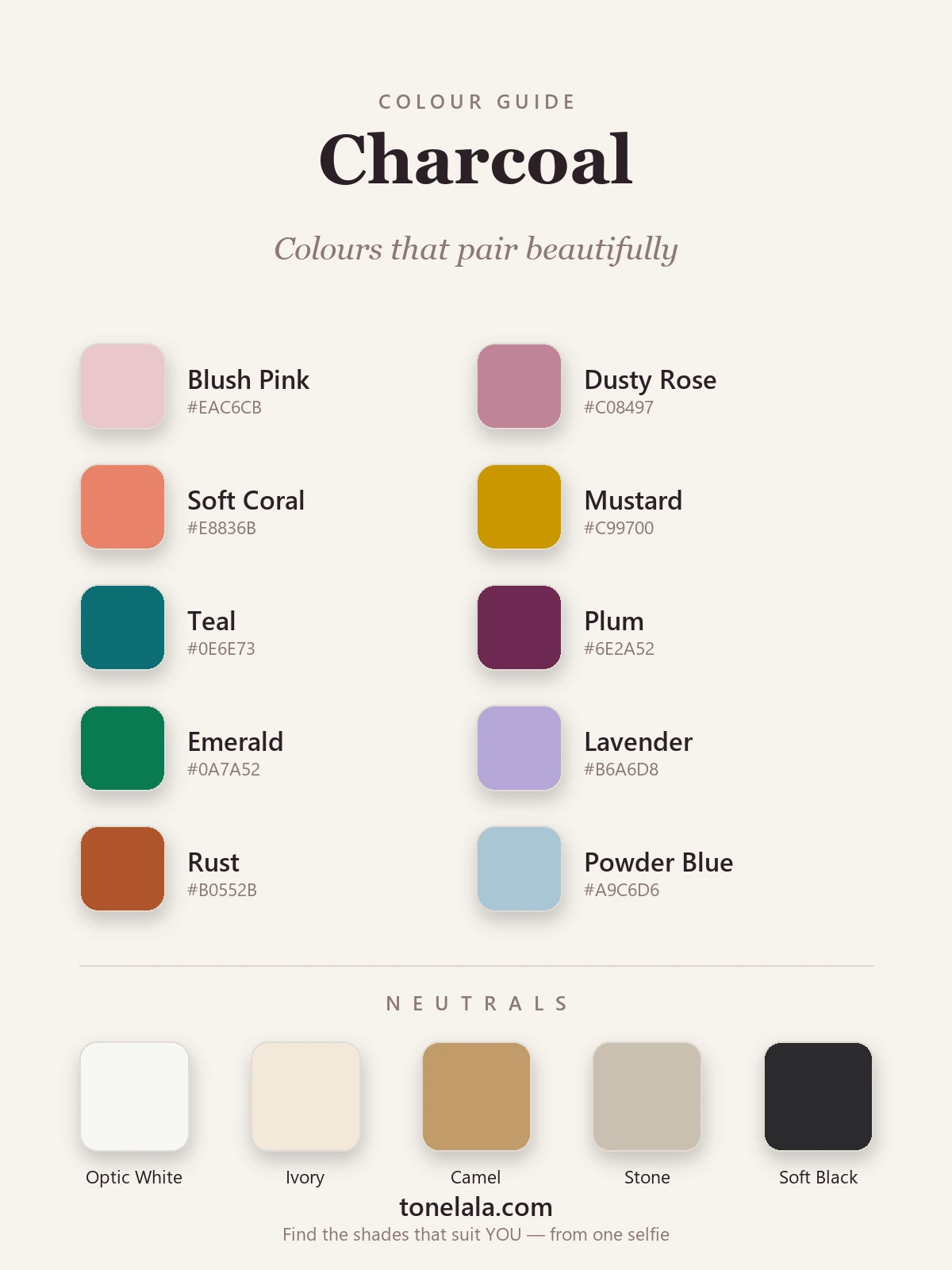 Charcoal grey colour-pairing palette with hex codes — blush, dusty rose, soft coral, mustard, teal, plum, emerald, lavender, rust and powder blue, plus white, ivory, camel, stone and black neutrals, by ToneLala