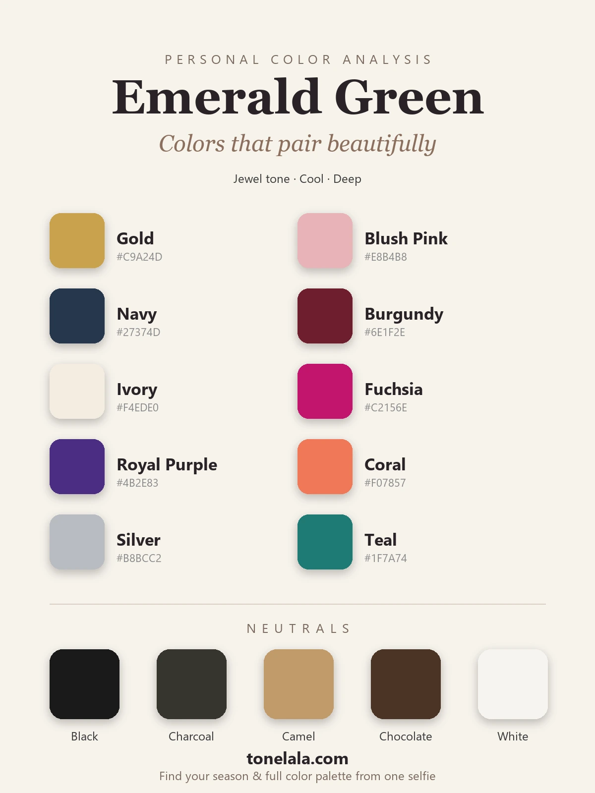 Color palette of shades that pair with emerald green, gold, blush, navy, burgundy, ivory, fuchsia, royal purple, coral, silver and teal, with black, charcoal, camel, chocolate and white neutrals, by ToneLala