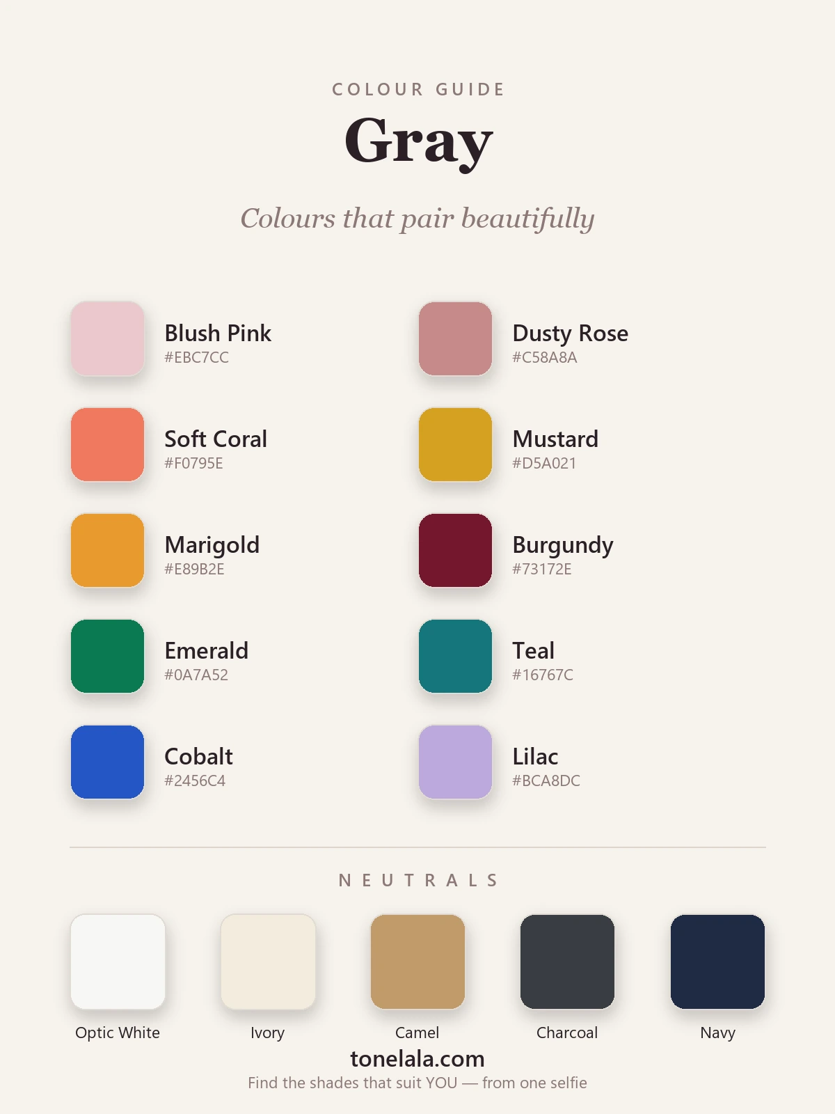 Grey colour-pairing palette with hex codes — blush, dusty rose, coral, mustard, marigold, burgundy, emerald, teal, cobalt and lilac, plus white, ivory, camel, charcoal and navy neutrals, by ToneLala