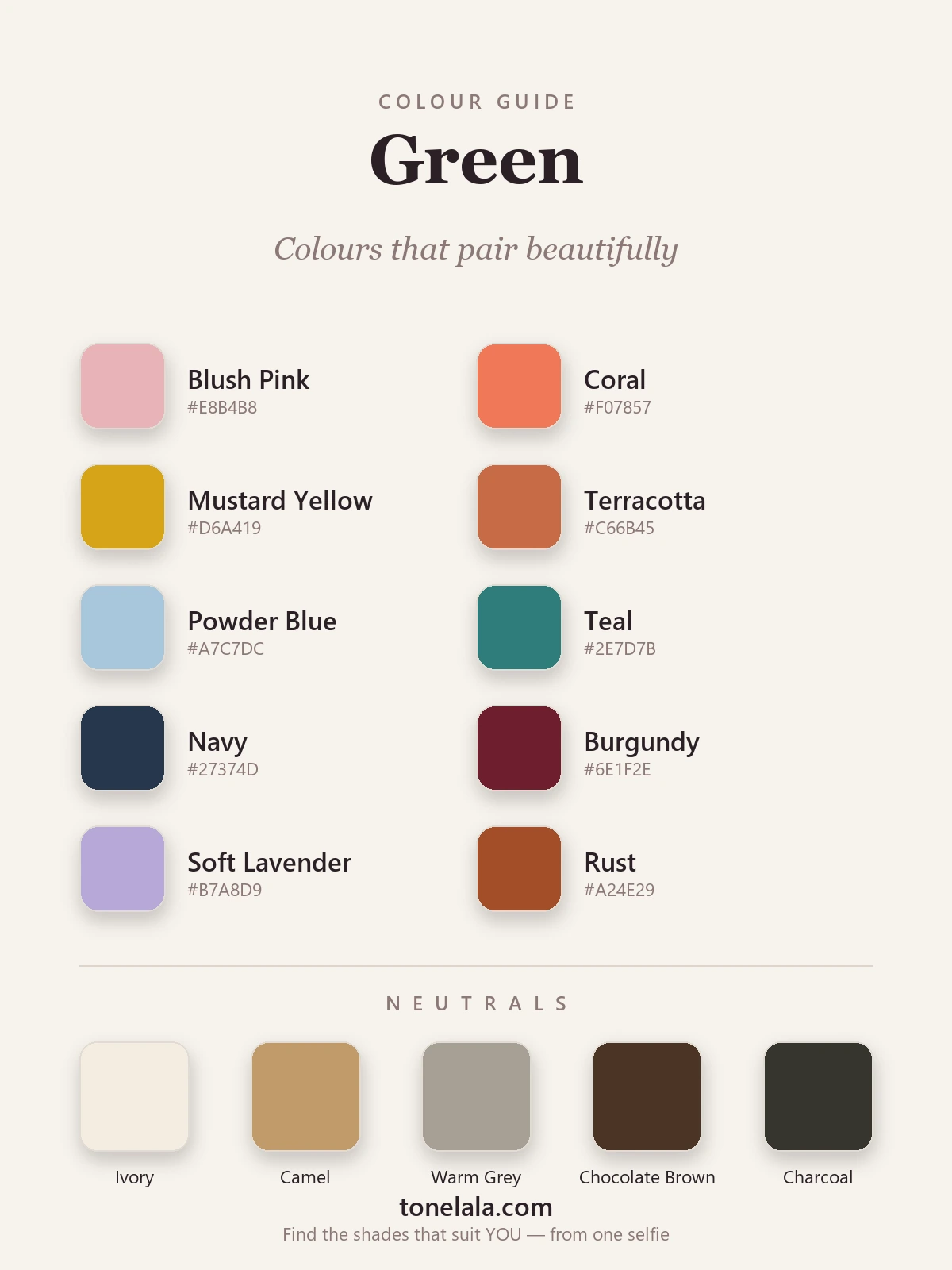 Colour palette of shades that pair with green — blush pink, coral, mustard, terracotta, powder blue, teal, navy, burgundy, lavender and rust, with cream and camel neutrals, by ToneLala