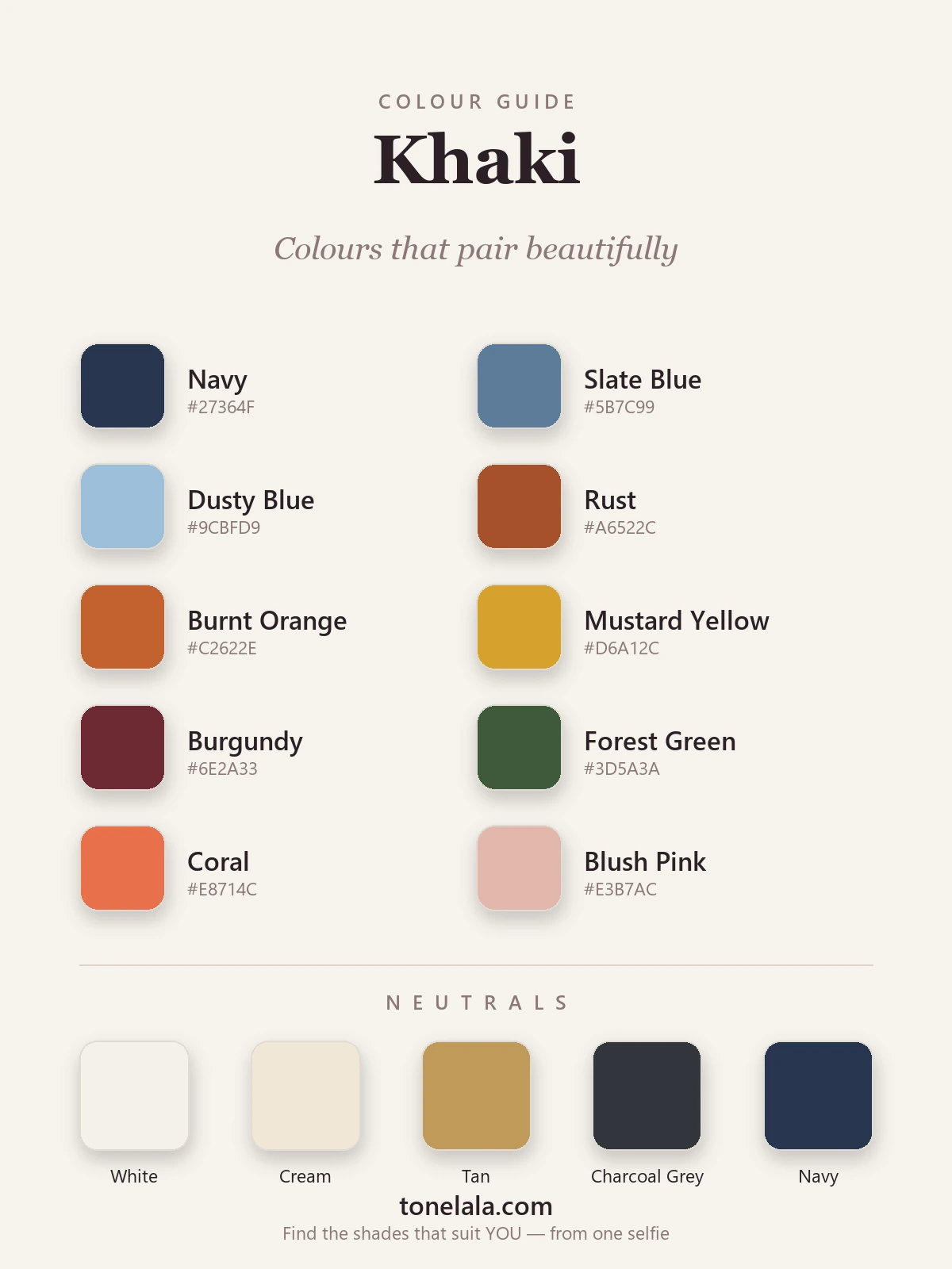 Colour palette of shades that go with khaki — navy, slate blue, dusty blue, rust, burnt orange, mustard, burgundy, forest green, coral and blush pink, with white, cream, tan, charcoal and navy neutrals, by ToneLala