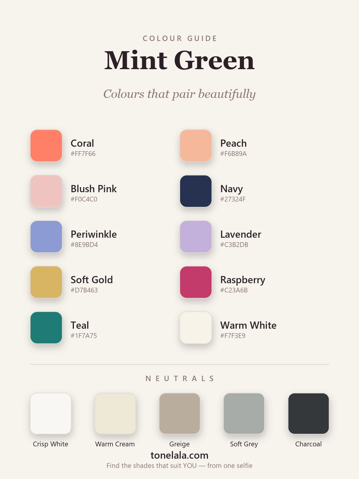 Colour palette of shades that pair with mint green — coral, peach, blush pink, navy, periwinkle, lavender, soft gold, raspberry and teal, with crisp neutrals, by ToneLala