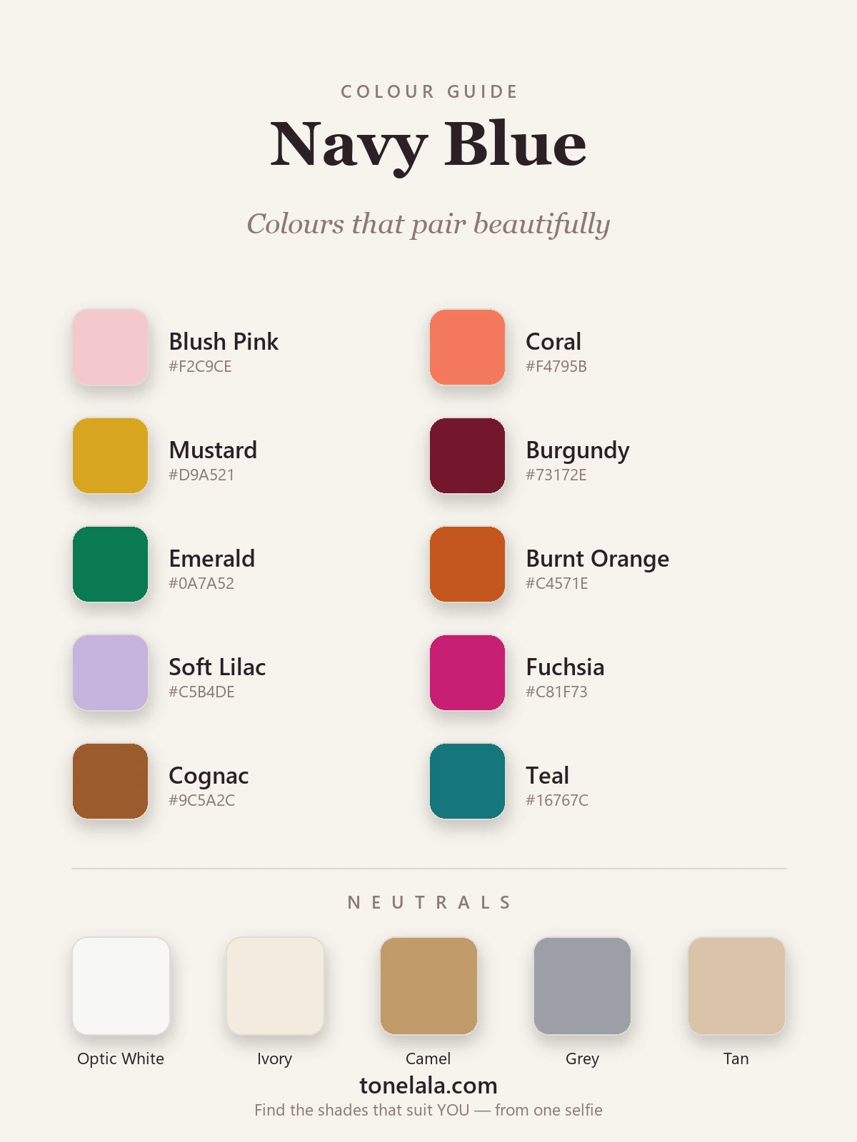 Navy blue colour-pairing palette with hex codes — blush, coral, mustard, burgundy, emerald, burnt orange, lilac, fuchsia, cognac and teal, plus white, ivory, camel, grey and tan neutrals, by ToneLala