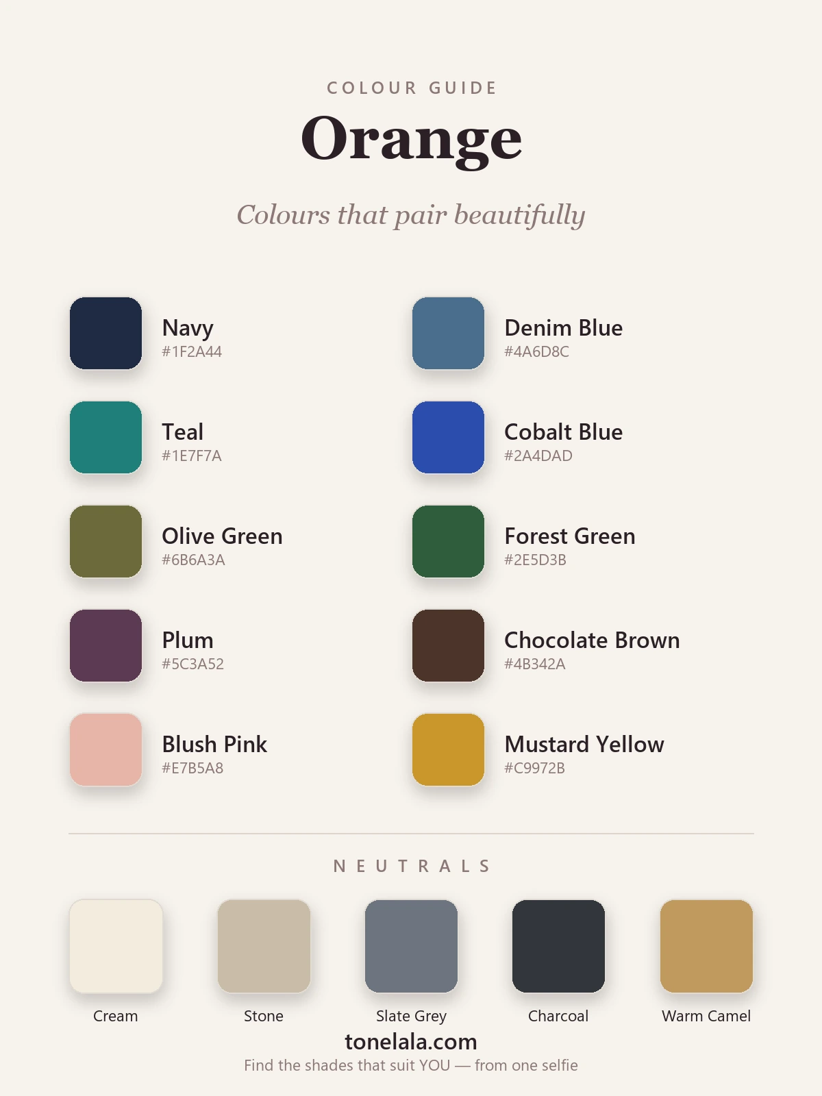 Colour palette of shades that go with orange — navy, denim blue, teal, cobalt, olive, forest green, chocolate, plum and blush, with hex codes, by ToneLala
