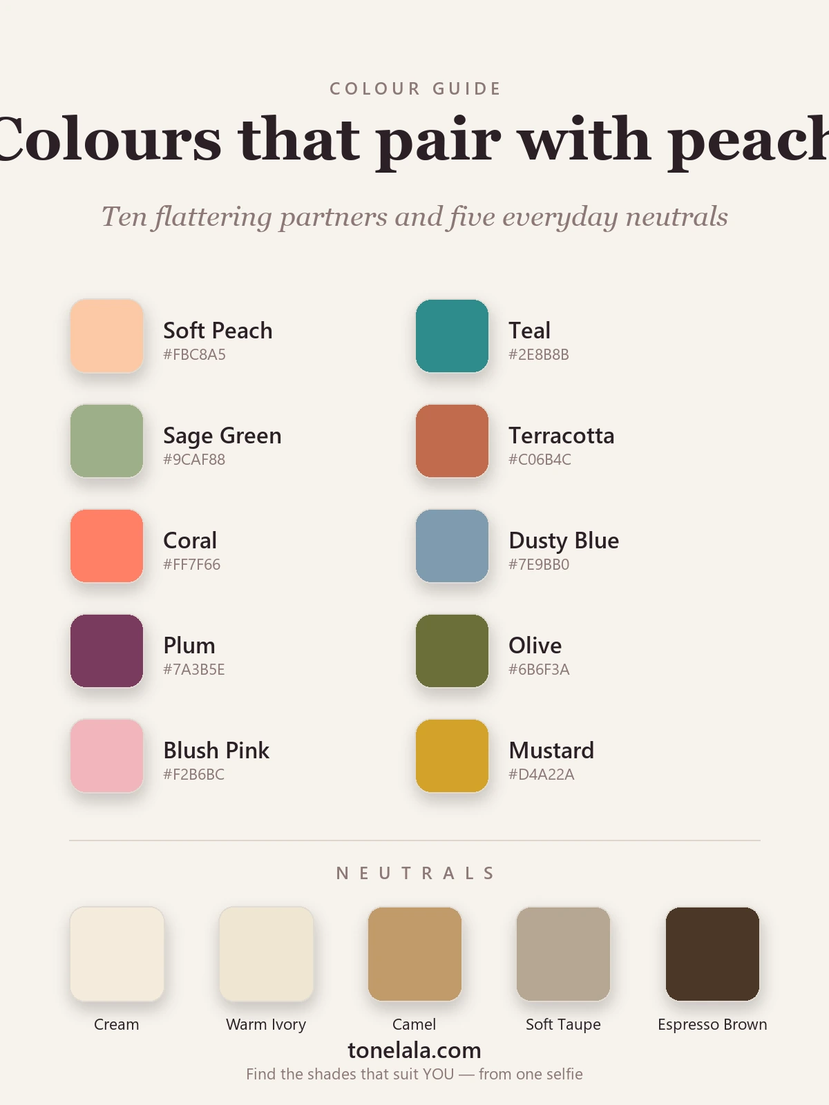 Swatch palette of ten colours that go with peach plus five supporting neutrals, by ToneLala